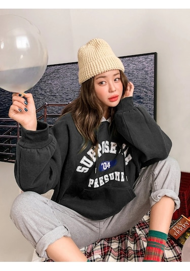 Kadın Siyah Suppose Baskılı Oversize Sweatshirt Siyah