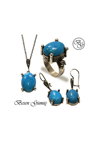 Özel Tasarım Doğal Firuze Taşlı Gümüş Set Rose Gold - Gümüş