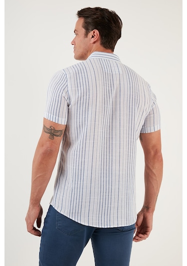 Buratti Çizgili Pamuklu Slim Fit Kısa Kollu Erkek Gömlek Cf23S116097 Beyaz-Saks