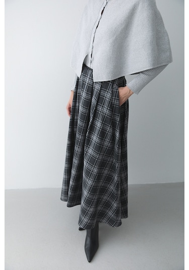 Antrasit Gri Deri Şeritli Ekoseli Etek - 4977 Antrasit - Gri