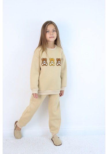 Kız Çocuk 3'lü Ayıcık Nakışlı 3 İplik Oversize Şardonlu Takım Ekru
