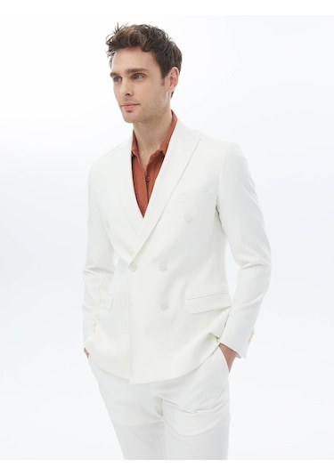 Kip Ekru Düz Slim Fit Takım Elbise Ekru