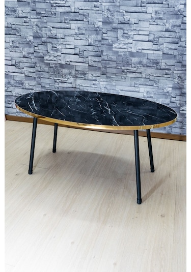 Zigon Sehpa Ve Orta Sehpa Elips Siyah Metal Ayak Altın Bendir Set Beyaz