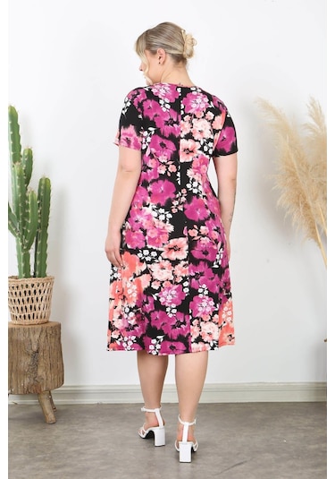 Kadın Pembe Somon Kırçiçeği Desen Midi Elbise Pembe