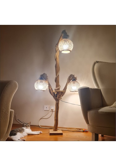 Ev Ofis İçin Uzun Ahşap Sarı Ledli 3 Ampul Lambader Aplik Abajur