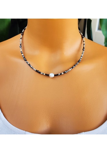 İnci Ceyt Ve Hematit Doğal Taş Kolye Nazar Koruyucu, Enerji Dengeleyici, Şık El Yapımı Kolye Çok renkli