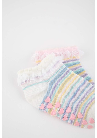 Defacto Kız Bebek Kaydırmaz Taban 2'li Pamuklu Patik Çorap A1482A5NSKR1 Çok Renkli