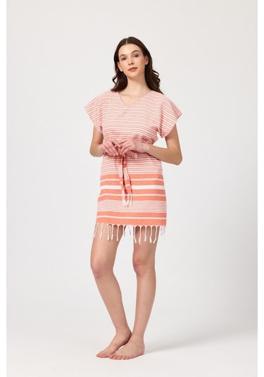 Mulberry Katya Plaj Elbisesi Tunik Pareo %100 Pamuk Turuncu