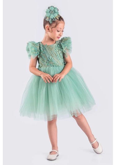 Kız Çocuk Elbise Tütü Etek Nakışlı Yeşil