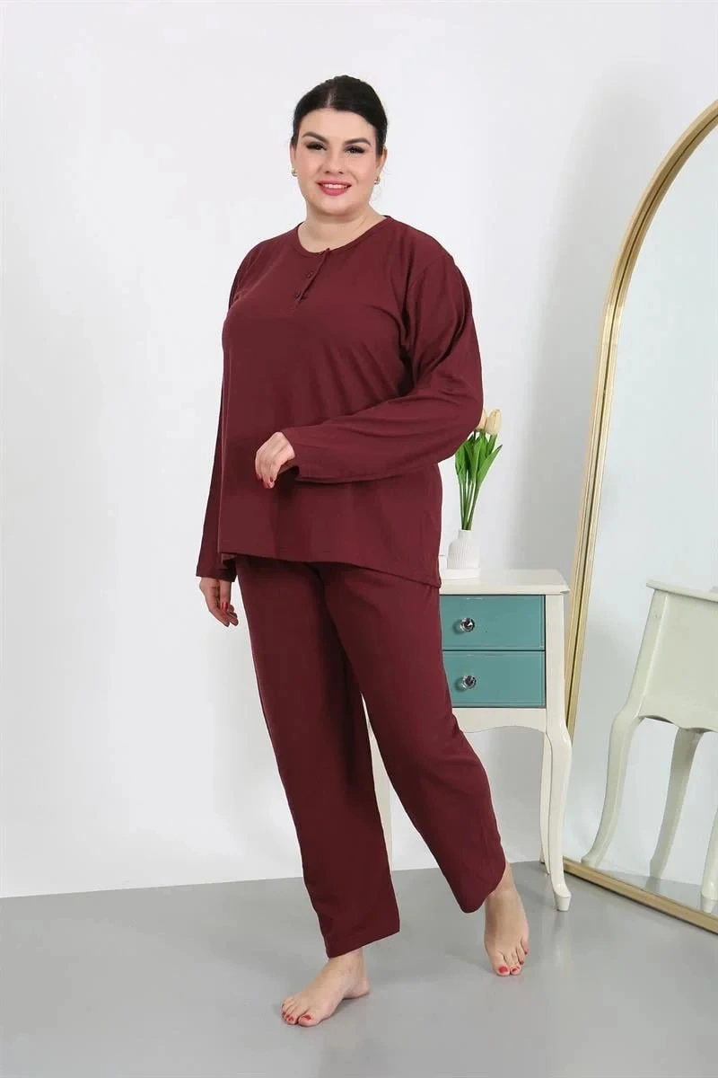 Moda Kadın Büyük Beden Uzun Kol Penye Pijama Takımı Bordo Bordo