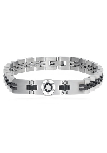 Erkek Yıldız Model Siyah Renk Detay Çelik Bileklik Gümüş