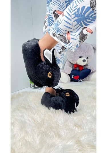 Kadın Panduf Tavşan Figürlü Peluş Ev Botu Desenli Düz Taban Rahat Hafif 359 Siyah