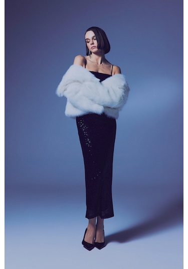 Askılı Uzun Payet Elbise - Siyah-135641 Siyah