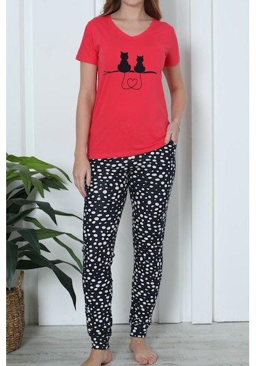 Kadın Şortlu Ve Uzun Pijama Takımı Kısa Kollu 3 Lü Set Likralı Cepli Nar