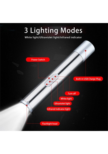 Teltree Alüminyum Tıbbi El Feneri: Usb Şarjlı, 3 Fonksiyonlu Kızılötesi, Beyaz Işık, Mor Banknot Kontrol Işığı - Taşınabilir Ve Dayanıklı Gümüş