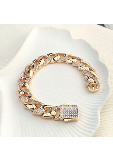 Gurmet Bileklik Tam Tur Zirkon Taşlı Kalın Zincir Çelik Kararmaz Xuping Rose 1,4cm Gold