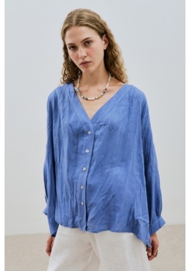 Keten Krushlı Düğmeli Bluz Mavi Mavi