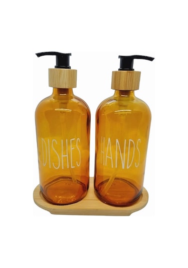 500ml Amber Cam Sıvı Sabunluk Seti, Bulaşık Ve El Sabunu İçin, Bambu Tepsili Siyah