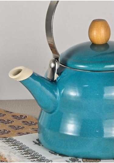 Vintage Ahşap Saplı Emaye Demlik Kettle 2,5lt Turkuaz Kr322-c Turkuaz