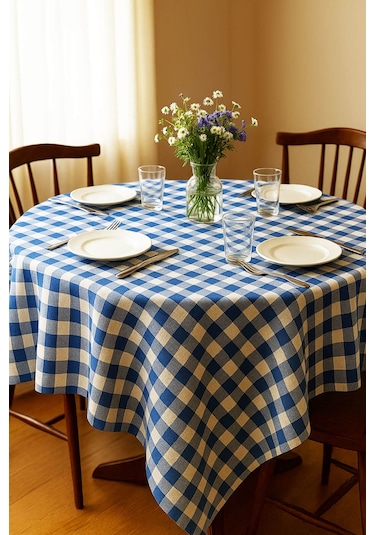 Mira Home Kareli Masa Örtüsü Sofra Bezi 160x160 Cm Happytime Mavi