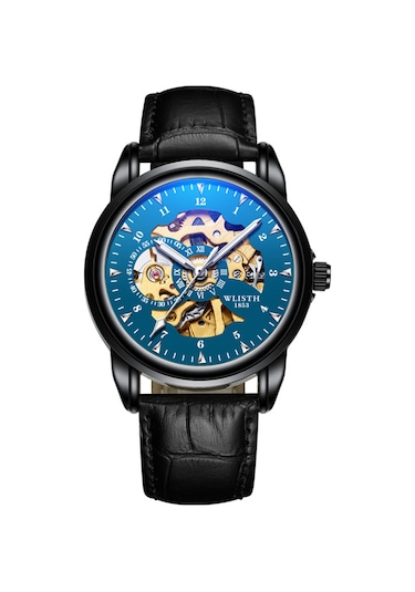 Yunboo Erkek Mekanik Saat Deri Kordon Su Geçirmez Gece Işıklı Erkek Öğrenci Kol Saati Siyah Kasa Mavi Ekran Altın