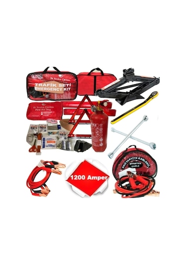 Beşli Ürün Tüvtürk Uyumlu Trafik Seti + Çantalı Akü Takviye Kablosu + Kriko + Bijon Anahtarı + Eldiven