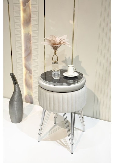 Bianco Metal Ayaklı Puflu Zigon Sehpa Krom Bej Chrome Beige