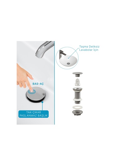 Aqua Bagno Smart Taşma Deliksiz Pop-up Sifon , Parlak Krom Başlıklı , 1 -1/4