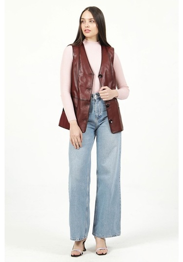 Dericlub Yb-2017 Gerçek Deri Kadın Yelek Bordo