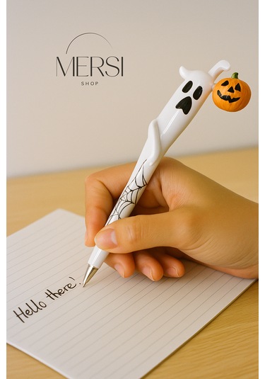 Halloween Hayalet Tükenmez Kalem Balkabağı Ve Örümcek Ağı Desenli Dekoratif Kalem 16cm Beyaz