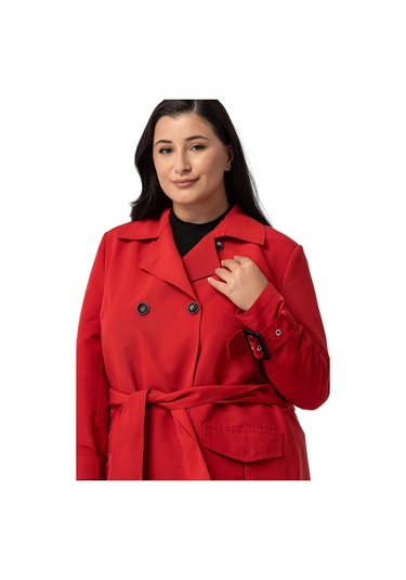 Büyük Beden Kruvaze Kolu Bant Detaylı Cepli Kuşaklı Astarlı Kırmızı Trençkot Kırmızı