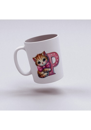 P Harfli Bardak, Sevimli Kedili Pembe Tasarım Bardak, Arkadaşa Aileye Hediye Porselen Beyaz