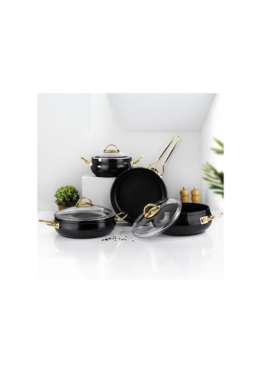 Lines L-5094 Yonca Güveç 7 Parça Tencere Seti - Siyah Altın Kulp