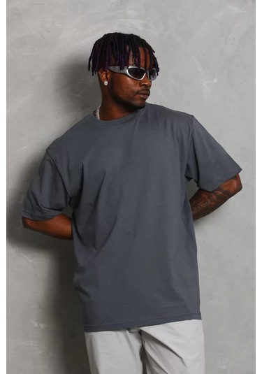 Unisex Oversize Düz Bisiklet Yaka T-shirt - Füme 001