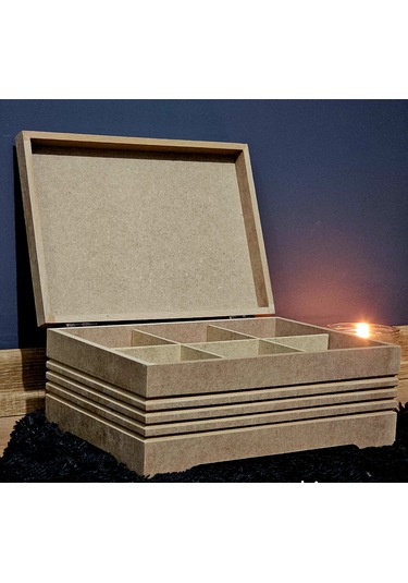 Ahşap 6 Bölmeli Orta Boy Takı Saat Aksesuar Kutusu Fitilli Model