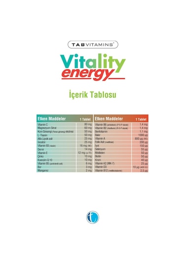 Tabvitamins Vitality Energy 30 Tablet X 3 Adet