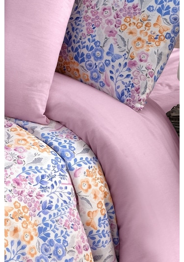 Mystory Home  Lastikli Çarşaflı Çift Kişilik Nevresim Takımı Colore Mavi - Pembe - Turuncu