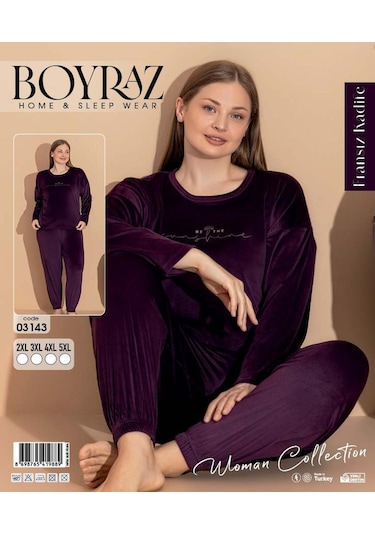 Boyraz Kadın Kışlık Fransız Kadife Büyük Beden Bisiklet Yaka Uzun Kol Pijama Takımı 03143 - 1 Adet Mor
