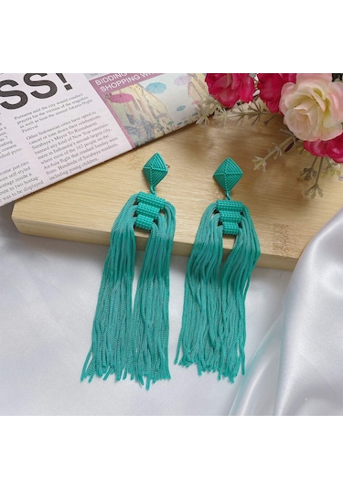 Yeşil+sarı Kadınlar İçin Püsküllü Sarkan Küpeler Yeşil