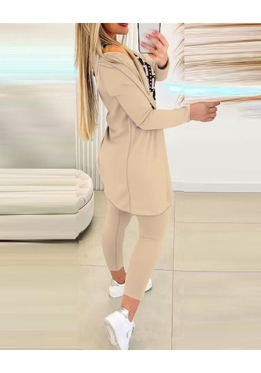 Ahes Shopping Kadın Uzun Kollu Krep Üçlü Takım Bej