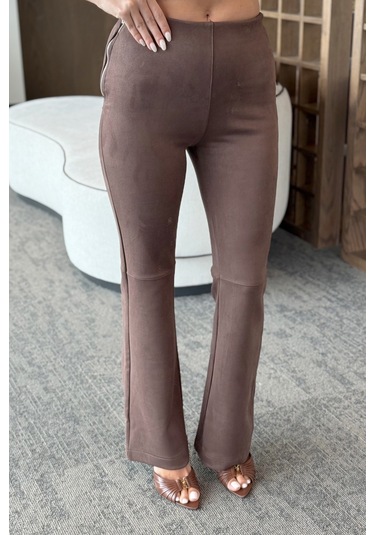 Kahverengi Süet Yandan Fermuarlı Pantolon - 40578 Kahverengi