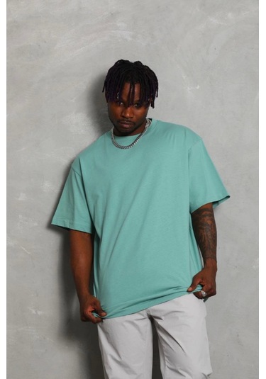 Unisex Oversize Düz Bisiklet Yaka T-shirt - Mint Yeşili Mint Yeşili