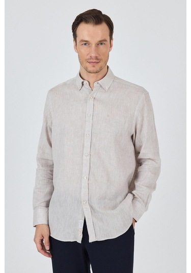Uzun Kol Düz Keten Düğmeli Yaka Cepsiz Casual Comfort Fit Gömlek 1004250114 Açık Vizon