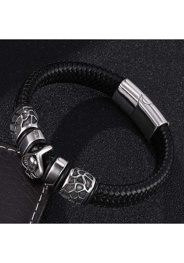 Punk Maça Kafatası Takı Erkek Bileklik Charm Paslanmaz Çelik Bilezikler Siyah Geniş Örgülü Erkek Deri Bileklikler Siyah