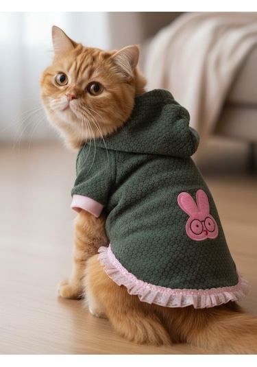 Bunnypop Kapüşonlu Kedi Elbisesi Yeşil & Pembe