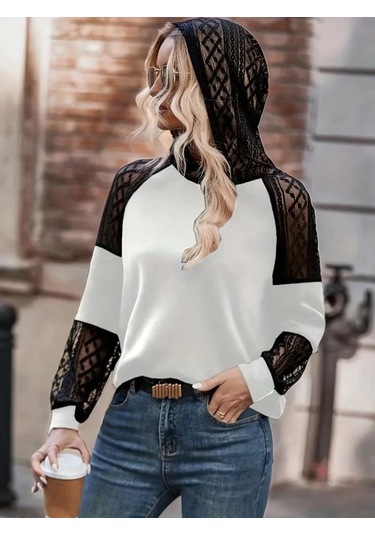 Kadın Uzun Kollu Dantelli Kapşonlu Viskon Iki Iplik Bluz Beyaz