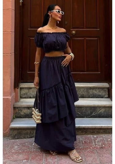 Büzgülü Crop Kat Detaylı Fırfır Etekli Takım 10196 Laci Vert