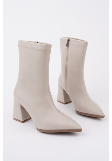 Muggo Codi Sivri Burun Kalın Topuklu Fermuarlı Kadın Bot Ten