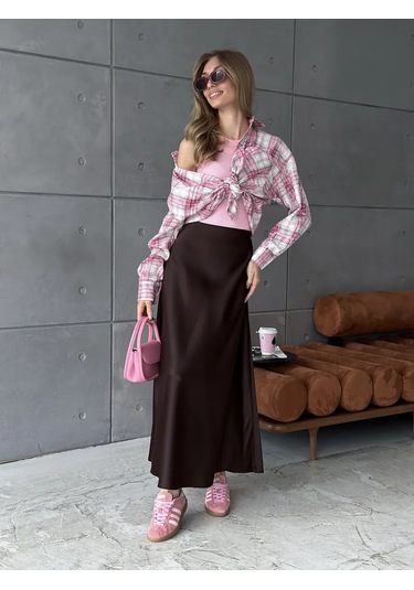 Lu&be Saten Uzun Maxi Etek 317240339 Çikolata