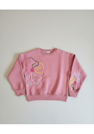 Kız Çocuk Çiçek Nakışlı 3 İplik Şardonlu Eşofman Takımı Pembe